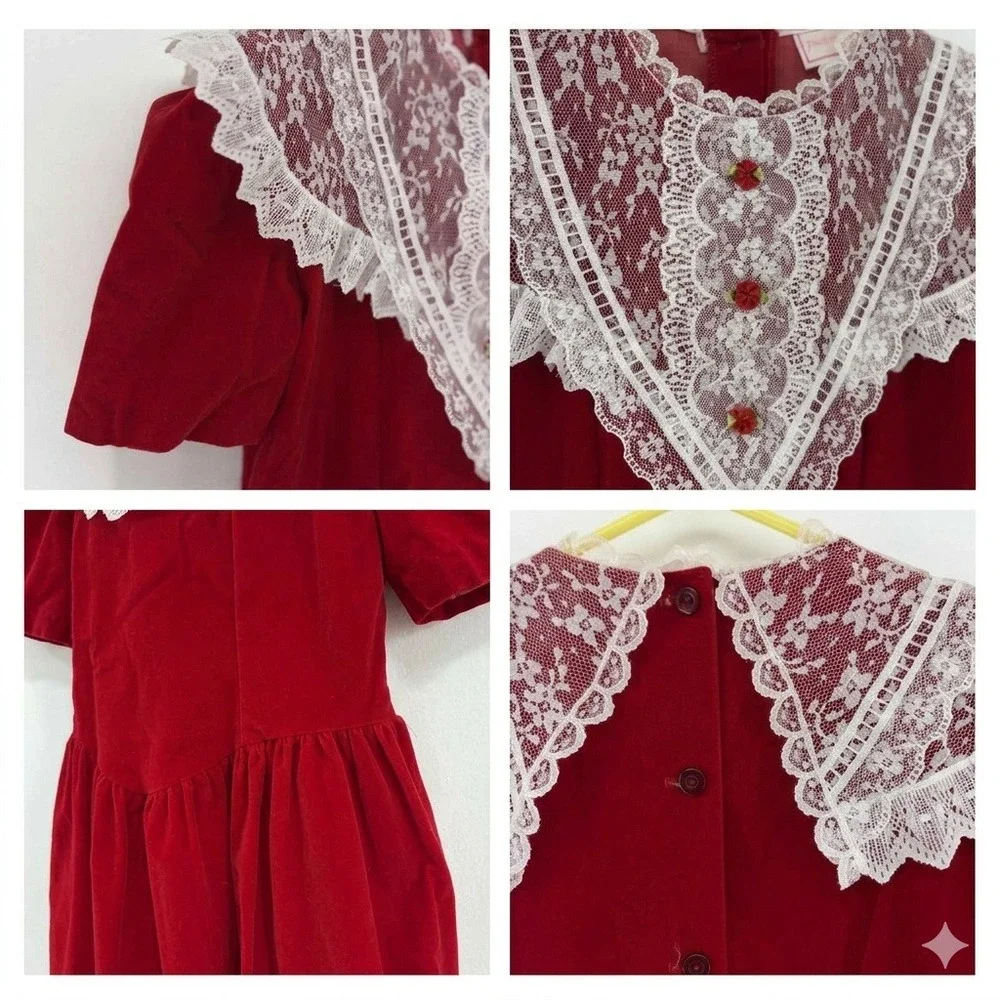Vintage Picture Perfect Red Velvet Lace Collar Dress Girls Size 10 USA Holiday